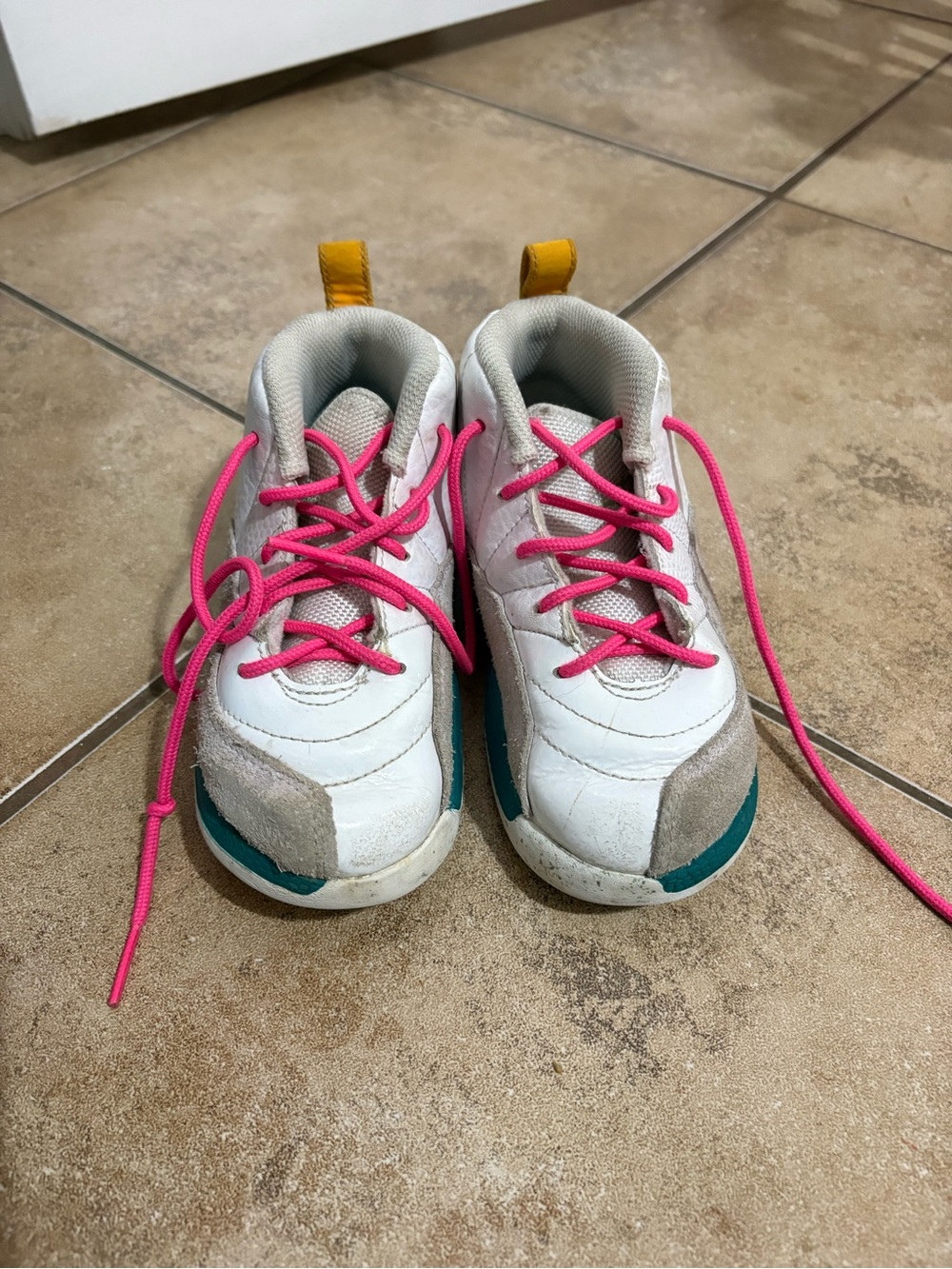 Jordan 12 Retro Toddler White Pink Teal Yellow Sneakers Size 10C